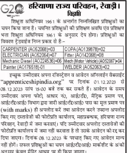 Rewari Roadways Apprentice Recruitment 2023